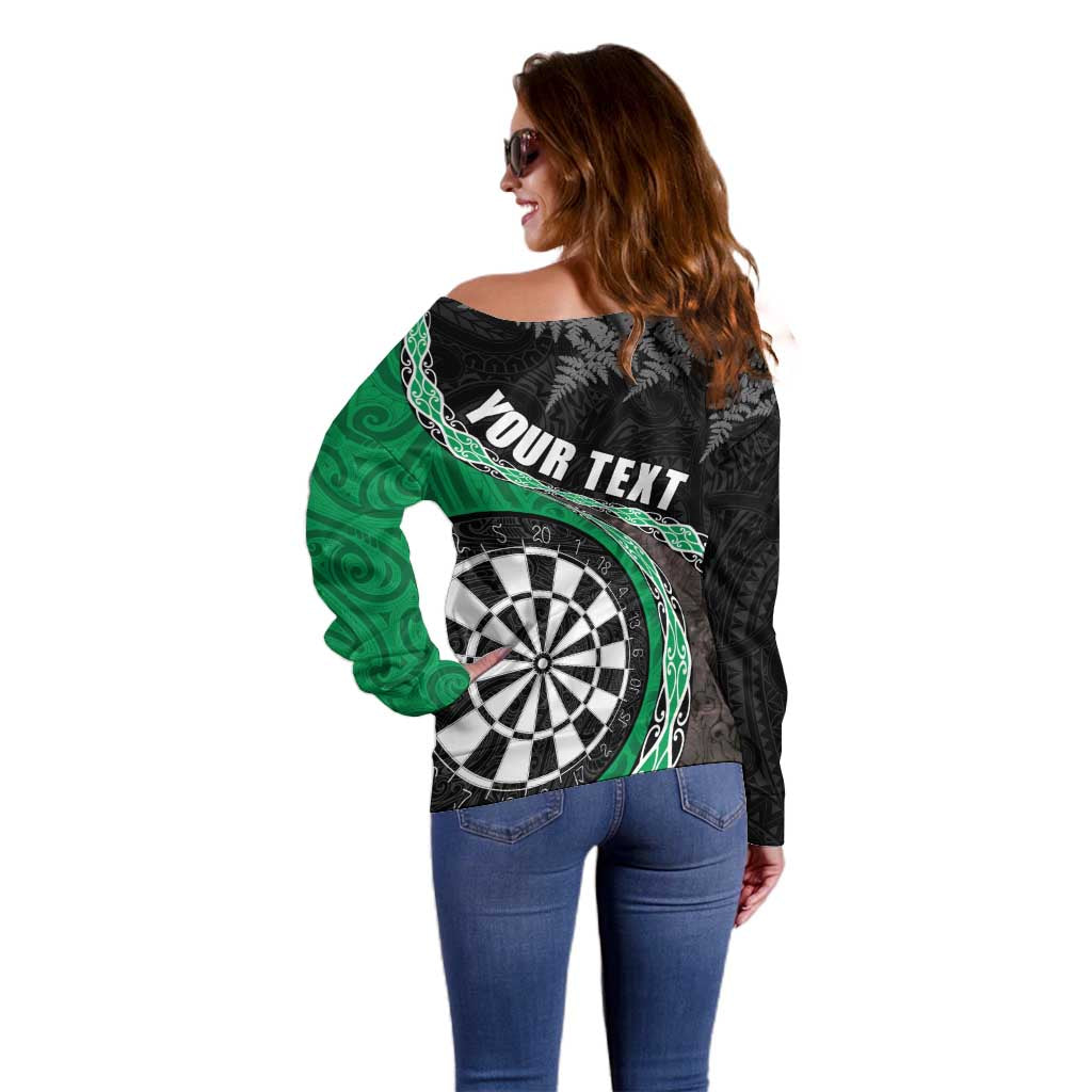 Personalised New Zealand Darts Off Shoulder Sweater Koru Tribal Tattoo and Silver Fern Maori Pattern Green Color LT03 - Polynesian Pride