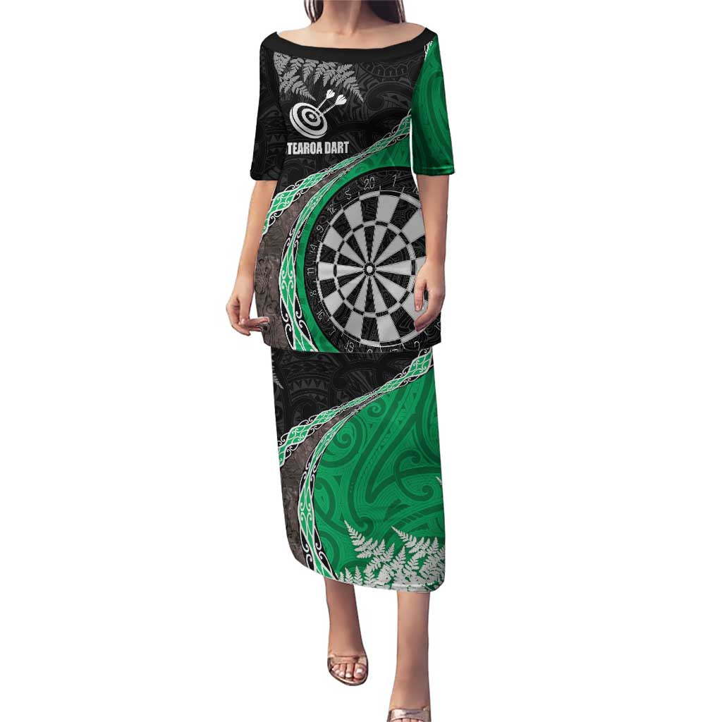 Personalised New Zealand Darts Puletasi Koru Tribal Tattoo and Silver Fern Maori Pattern Green Color LT03 Long Dress Green - Polynesian Pride