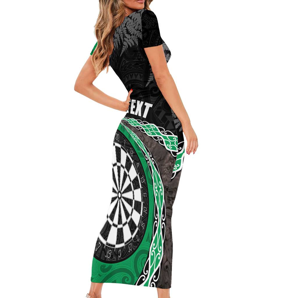 Personalised New Zealand Darts Short Sleeve Bodycon Dress Koru Tribal Tattoo and Silver Fern Maori Pattern Green Color LT03 - Polynesian Pride