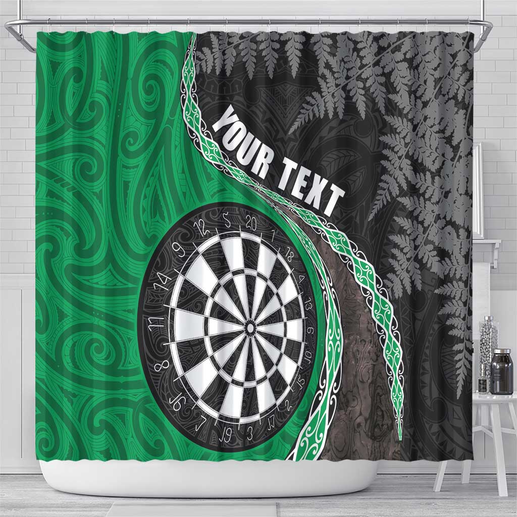 Personalised New Zealand Darts Shower Curtain Koru Tribal Tattoo and Silver Fern Maori Pattern Green Color LT03 - Polynesian Pride