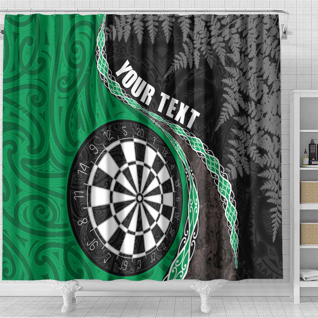 Personalised New Zealand Darts Shower Curtain Koru Tribal Tattoo and Silver Fern Maori Pattern Green Color LT03 - Polynesian Pride