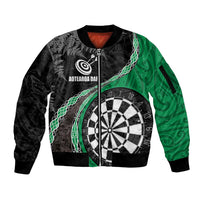 Personalised New Zealand Darts Sleeve Zip Bomber Jacket Koru Tribal Tattoo and Silver Fern Maori Pattern Green Color LT03 Unisex Green - Polynesian Pride