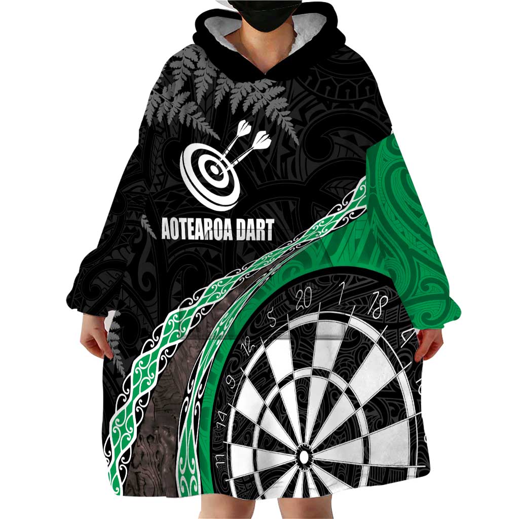 Personalised New Zealand Darts Wearable Blanket Hoodie Koru Tribal Tattoo and Silver Fern Maori Pattern Green Color LT03 - Polynesian Pride