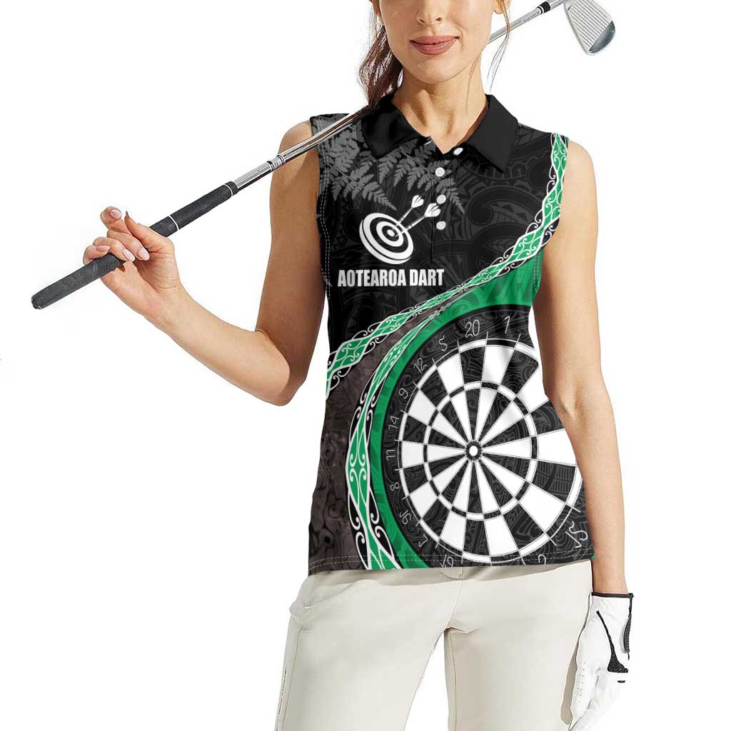 Personalised New Zealand Darts Women Sleeveless Polo Shirt - Koru Tribal Tattoo and Silver Fern Maori Pattern Green LT03 - Polynesian Pride