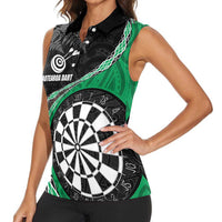 Personalised New Zealand Darts Women Sleeveless Polo Shirt - Koru Tribal Tattoo and Silver Fern Maori Pattern Green LT03 - Polynesian Pride