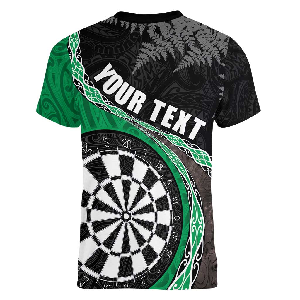 Personalised New Zealand Darts Women V-Neck T-Shirt Koru Tribal Tattoo and Silver Fern Maori Pattern Green Color LT03 - Polynesian Pride