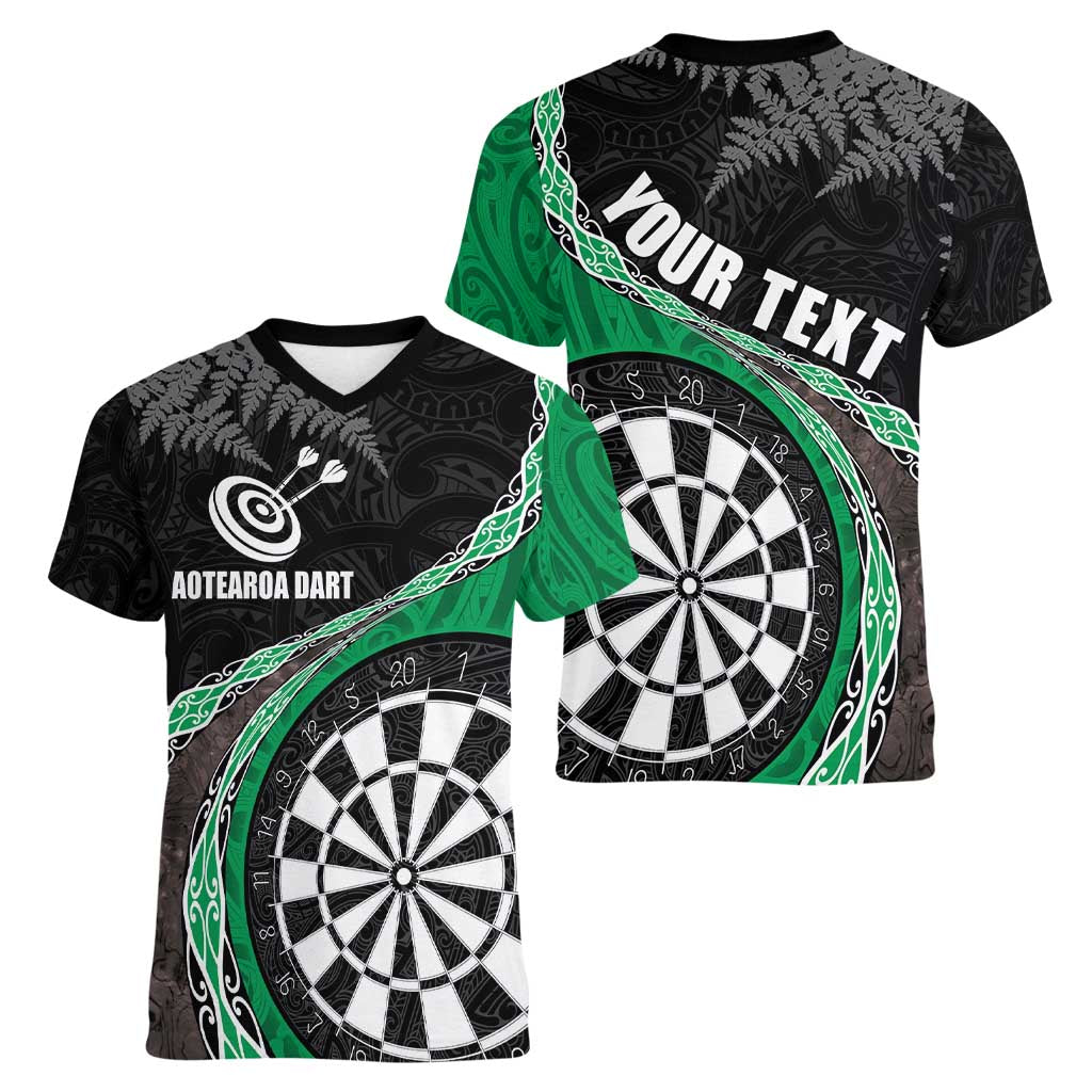 Personalised New Zealand Darts Women V-Neck T-Shirt Koru Tribal Tattoo and Silver Fern Maori Pattern Green Color LT03 - Polynesian Pride