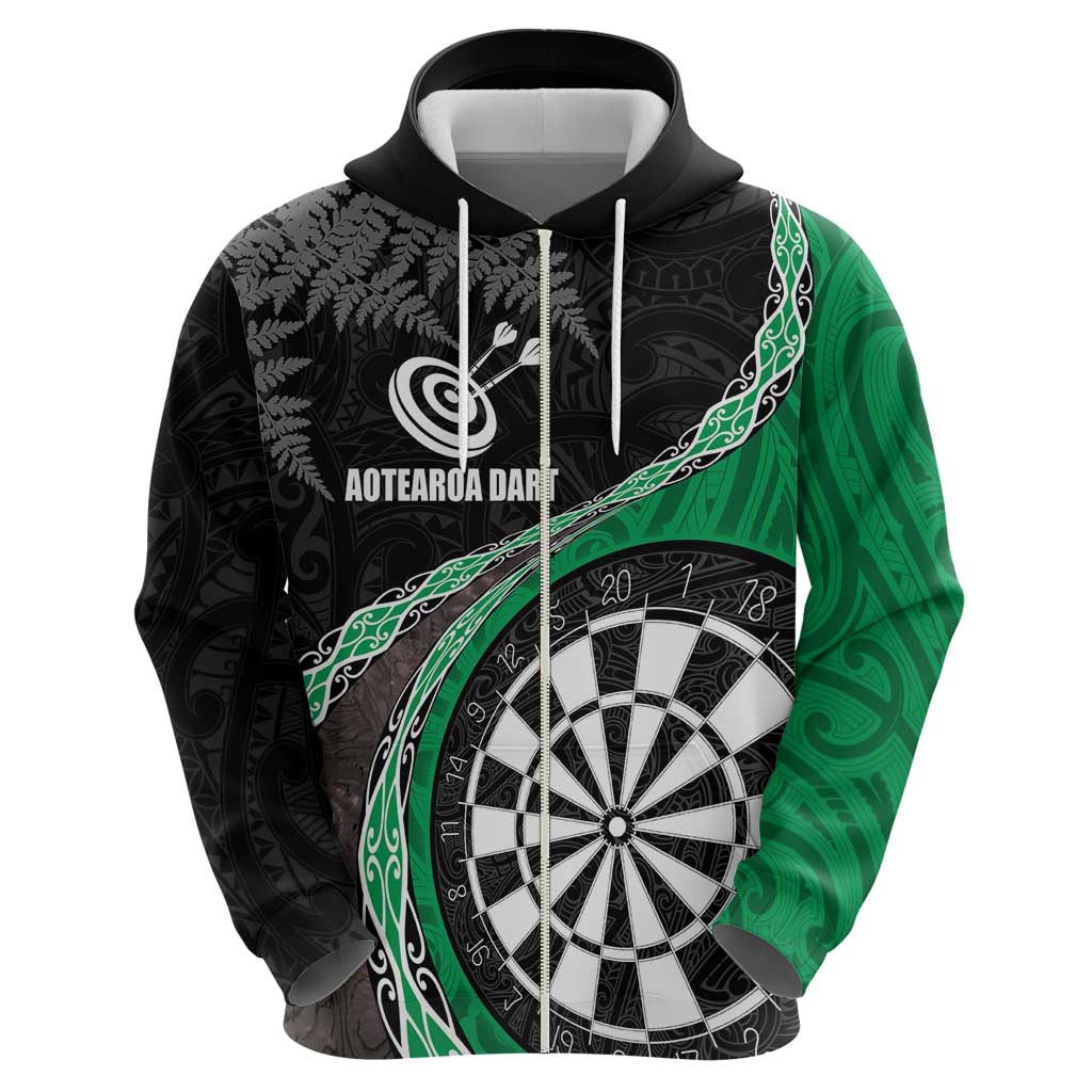 Personalised New Zealand Darts Zip Hoodie Koru Tribal Tattoo and Silver Fern Maori Pattern Green Color LT03 - Polynesian Pride