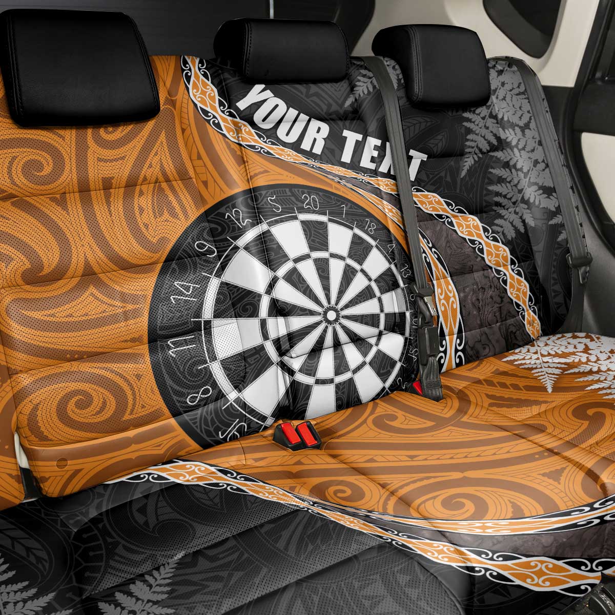 Personalised New Zealand Darts Back Car Seat Cover Koru Tribal Tattoo and Silver Fern Maori Pattern Orange Color LT03 - Polynesian Pride