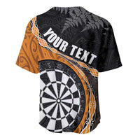 Personalised New Zealand Darts Baseball Jersey Koru Tribal Tattoo and Silver Fern Maori Pattern Orange Color LT03 - Polynesian Pride