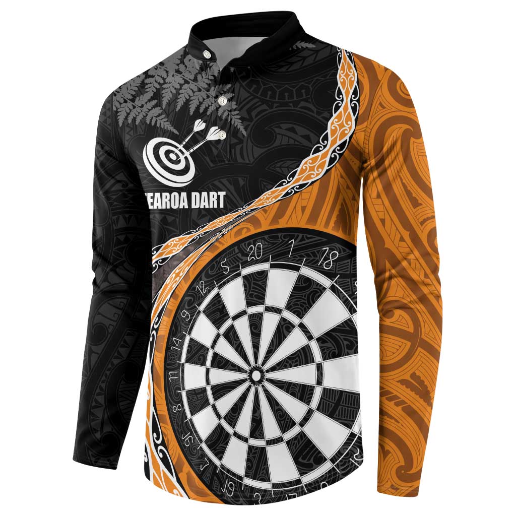 Personalised New Zealand Darts Button Sweatshirt Koru Tribal Tattoo and Silver Fern Maori Pattern Orange Color LT03 - Polynesian Pride