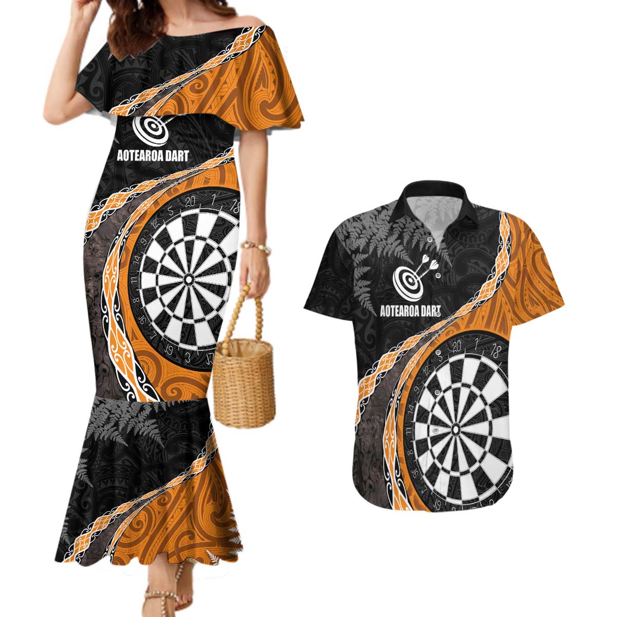Personalised New Zealand Darts Couples Matching Mermaid Dress and Hawaiian Shirt Koru Tribal Tattoo and Silver Fern Maori Pattern Orange Color LT03 Orange - Polynesian Pride