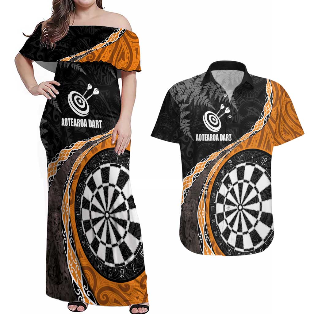 Personalised New Zealand Darts Couples Matching Off Shoulder Maxi Dress and Hawaiian Shirt Koru Tribal Tattoo and Silver Fern Maori Pattern Orange Color LT03 Orange - Polynesian Pride