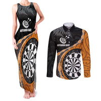 Personalised New Zealand Darts Couples Matching Tank Maxi Dress and Long Sleeve Button Shirt Koru Tribal Tattoo and Silver Fern Maori Pattern Orange Color LT03 Orange - Polynesian Pride