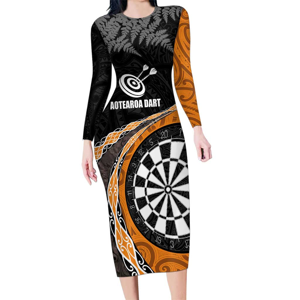 Personalised New Zealand Darts Family Matching Long Sleeve Bodycon Dress and Hawaiian Shirt Koru Tribal Tattoo and Silver Fern Maori Pattern Orange Color LT03 Mom's Dress Orange - Polynesian Pride