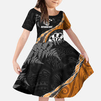 Personalised New Zealand Darts Family Matching Off The Shoulder Long Sleeve Dress and Hawaiian Shirt Koru Tribal Tattoo and Silver Fern Maori Pattern Orange Color LT03 Daughter's Dress Orange - Polynesian Pride