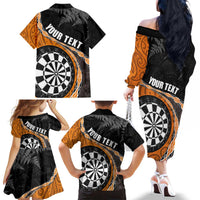 Personalised New Zealand Darts Family Matching Off The Shoulder Long Sleeve Dress and Hawaiian Shirt Koru Tribal Tattoo and Silver Fern Maori Pattern Orange Color LT03 - Polynesian Pride