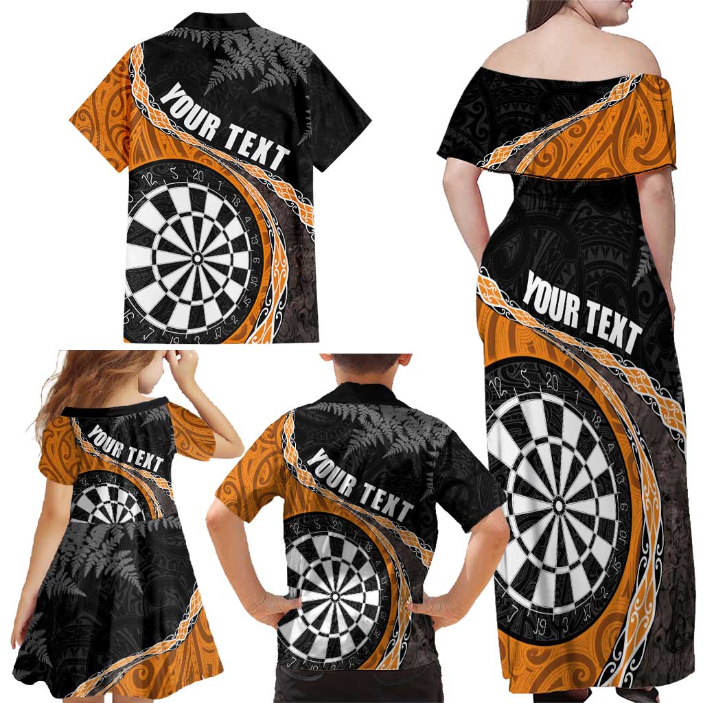 Personalised New Zealand Darts Family Matching Off Shoulder Maxi Dress and Hawaiian Shirt Koru Tribal Tattoo and Silver Fern Maori Pattern Orange Color LT03 - Polynesian Pride