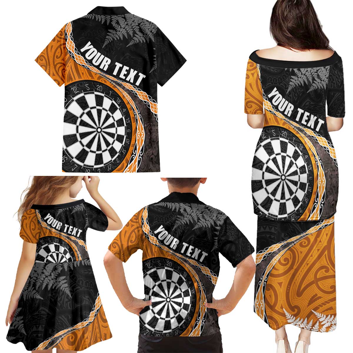 Personalised New Zealand Darts Family Matching Puletasi and Hawaiian Shirt Koru Tribal Tattoo and Silver Fern Maori Pattern Orange Color LT03 - Polynesian Pride