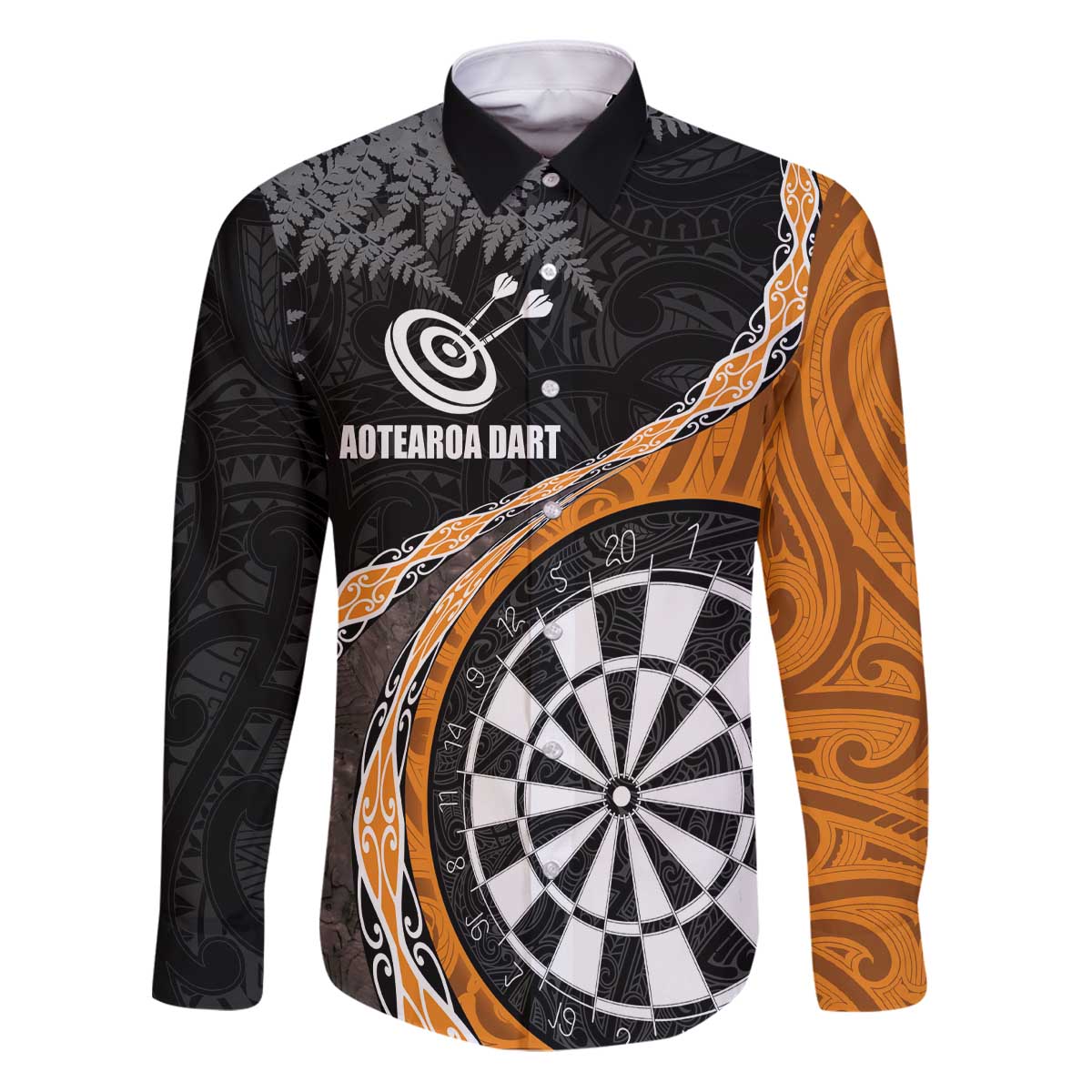 Personalised New Zealand Darts Family Matching Puletasi and Hawaiian Shirt Koru Tribal Tattoo and Silver Fern Maori Pattern Orange Color LT03 Dad's Shirt - Long Sleeve Orange - Polynesian Pride