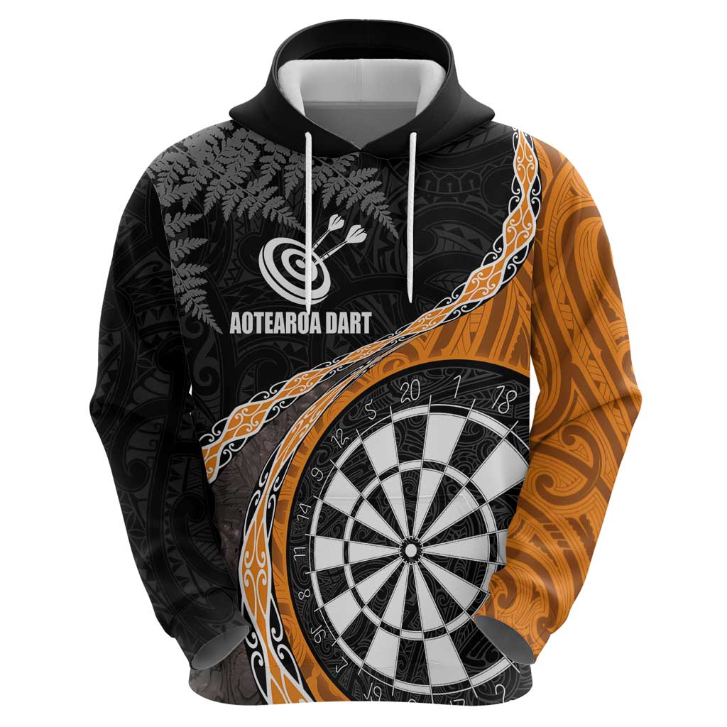 Personalised New Zealand Darts Hoodie Koru Tribal Tattoo and Silver Fern Maori Pattern Orange Color LT03 - Polynesian Pride