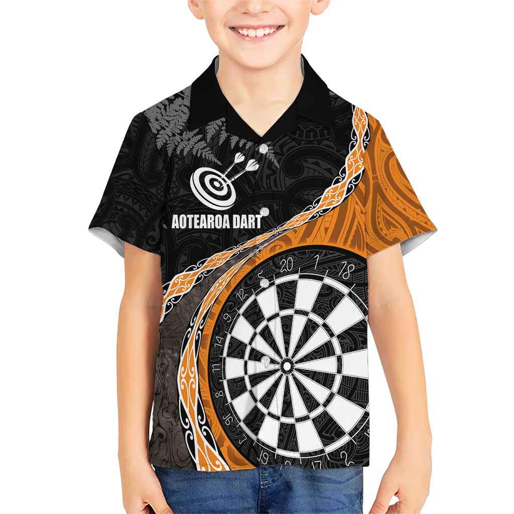 Personalised New Zealand Darts Kid Hawaiian Shirt Koru Tribal Tattoo and Silver Fern Maori Pattern Orange Color LT03 Kid Orange - Polynesian Pride