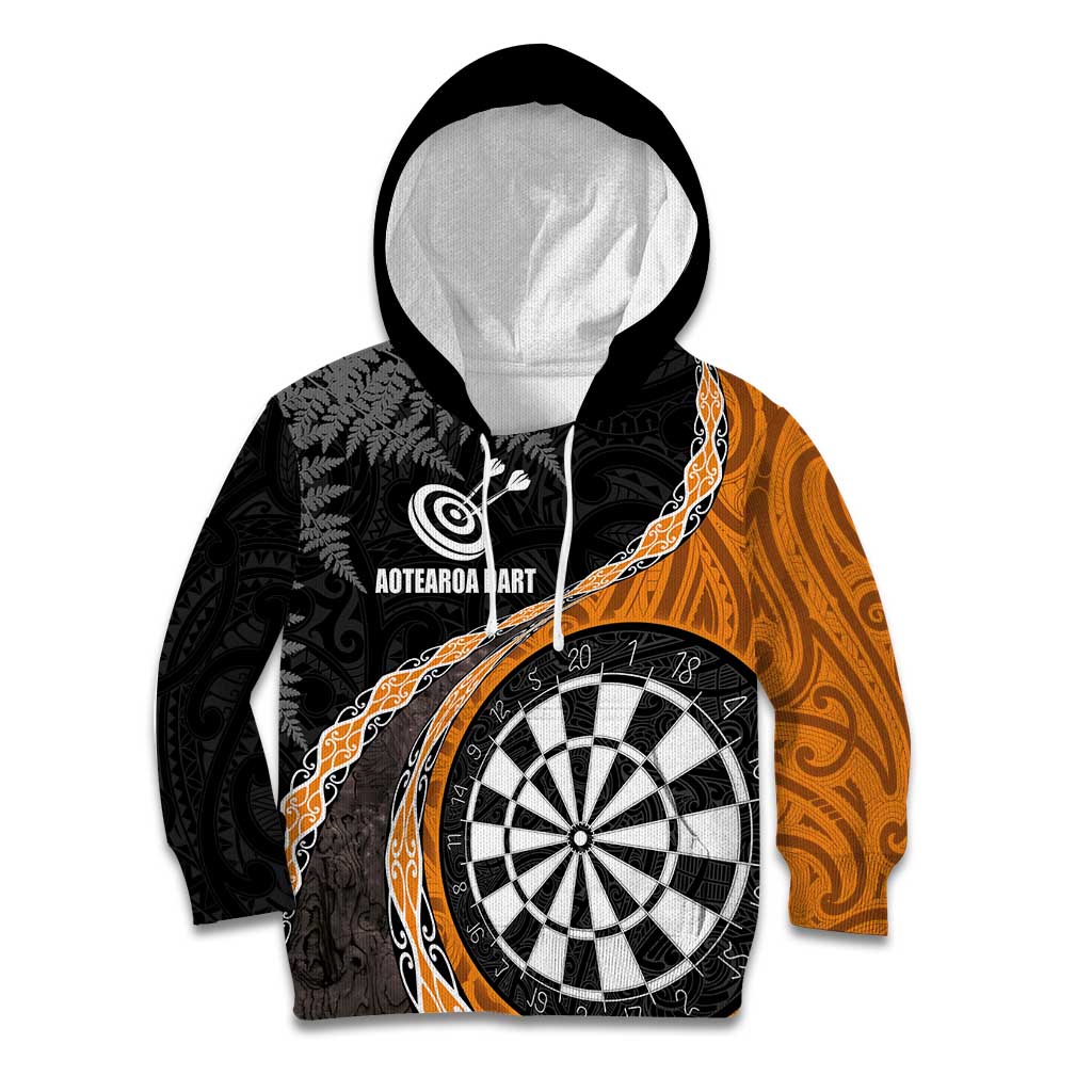 Personalised New Zealand Darts Kid Hoodie Koru Tribal Tattoo and Silver Fern Maori Pattern Orange Color LT03 Hoodie Orange - Polynesian Pride