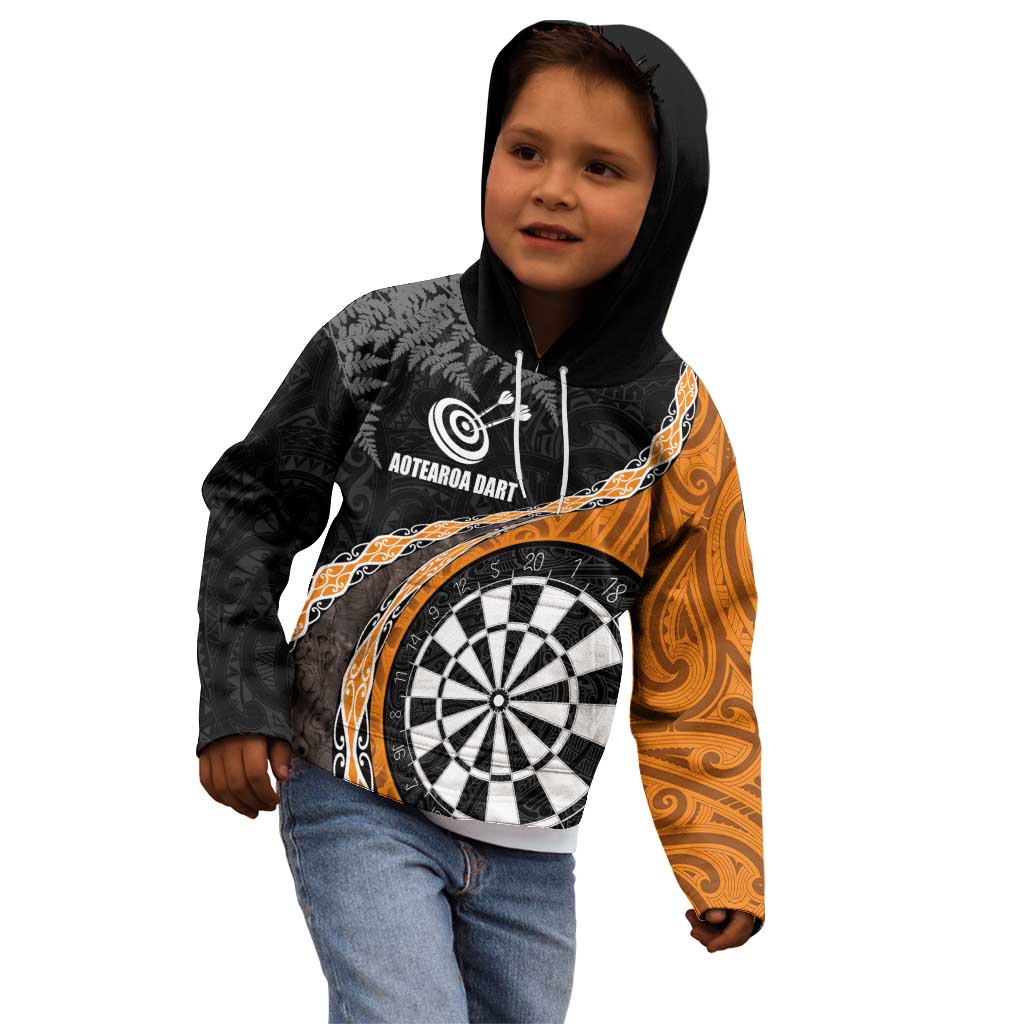 Personalised New Zealand Darts Kid Hoodie Koru Tribal Tattoo and Silver Fern Maori Pattern Orange Color LT03 - Polynesian Pride