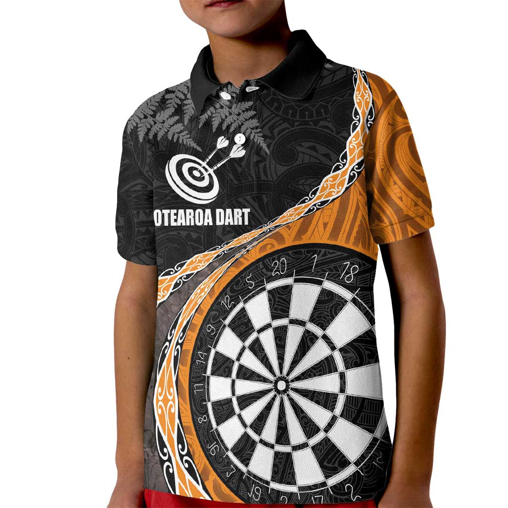 Personalised New Zealand Darts Kid Polo Shirt Koru Tribal Tattoo and Silver Fern Maori Pattern Orange Color LT03 Kid Orange - Polynesian Pride