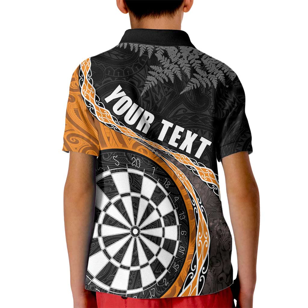 Personalised New Zealand Darts Kid Polo Shirt Koru Tribal Tattoo and Silver Fern Maori Pattern Orange Color LT03 - Polynesian Pride