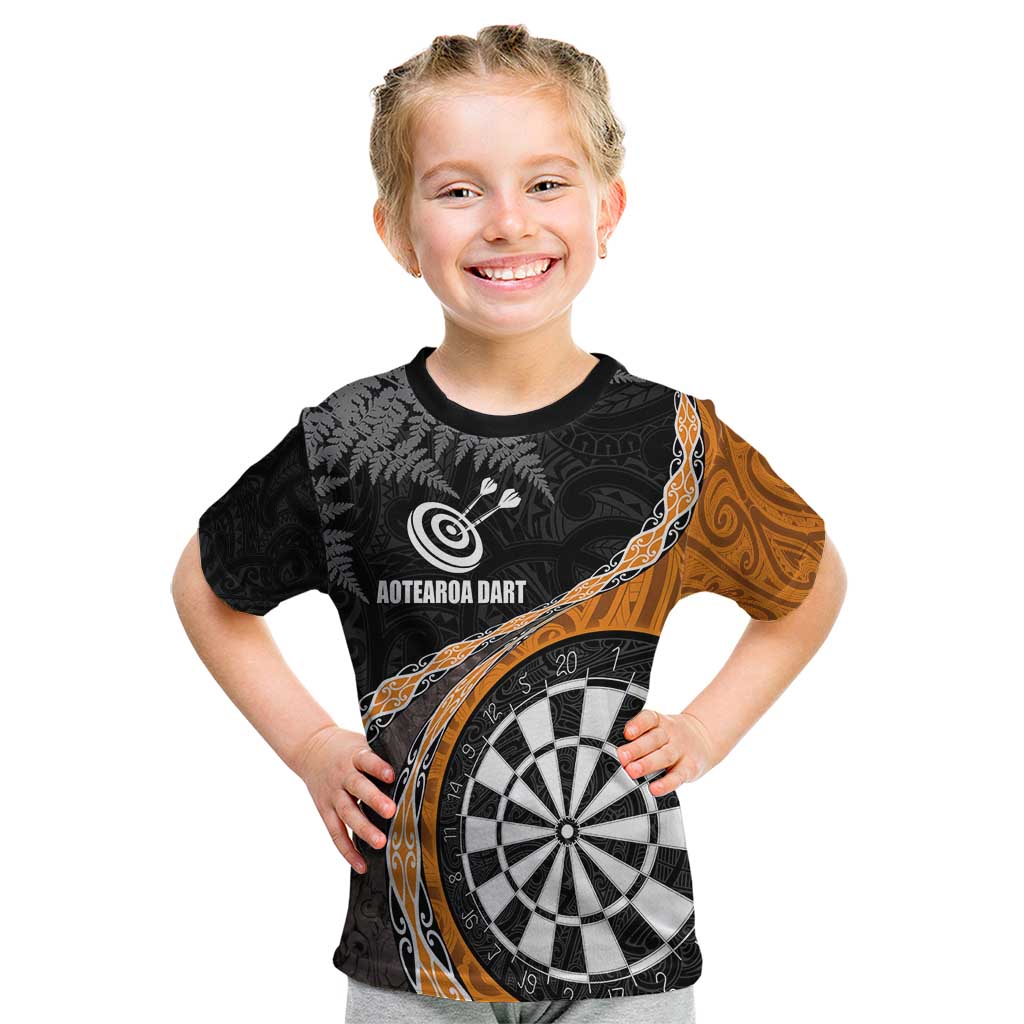 Personalised New Zealand Darts Kid T Shirt Koru Tribal Tattoo and Silver Fern Maori Pattern Orange Color LT03 Orange - Polynesian Pride