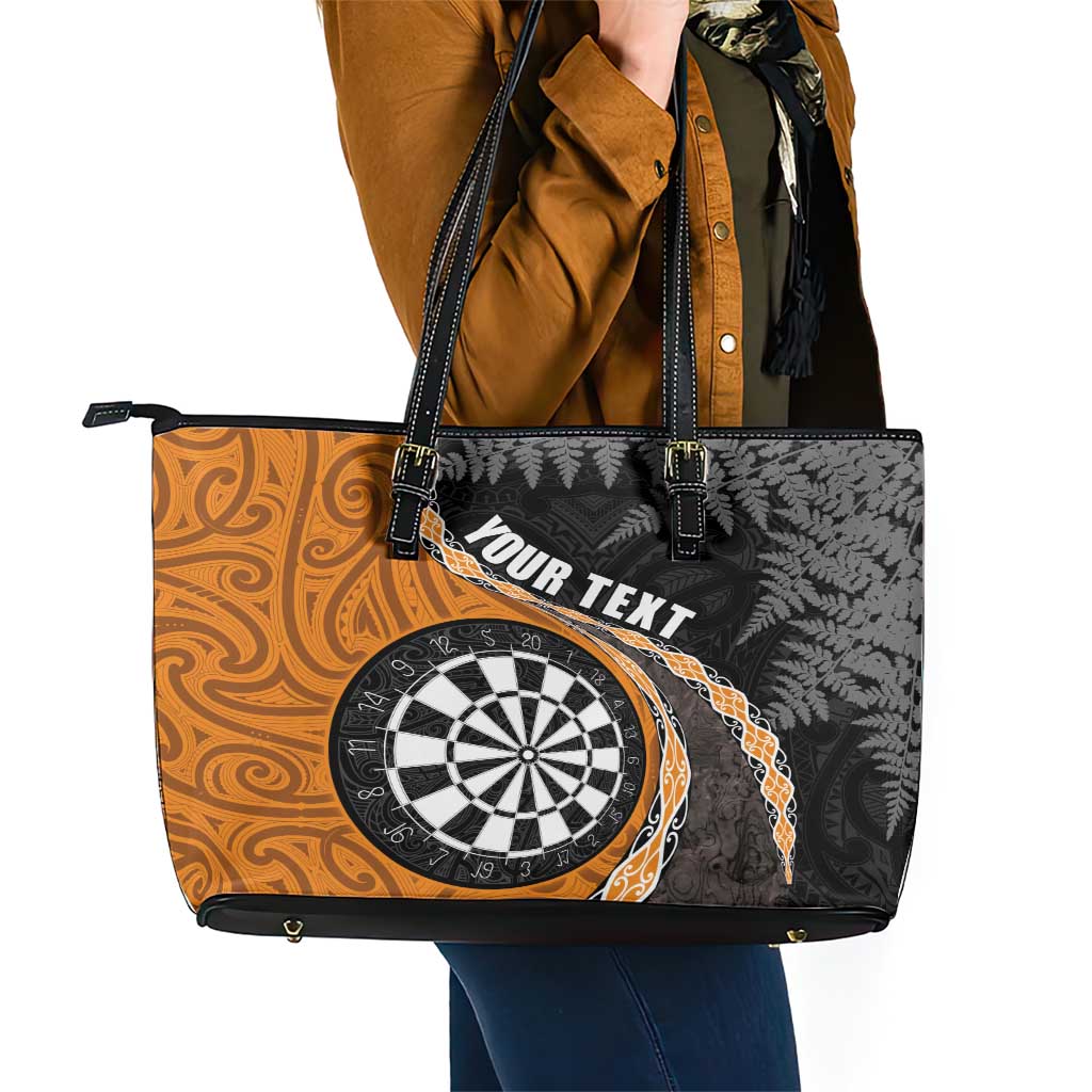 Personalised New Zealand Darts Leather Tote Bag Koru Tribal Tattoo and Silver Fern Maori Pattern Orange Color LT03 - Polynesian Pride
