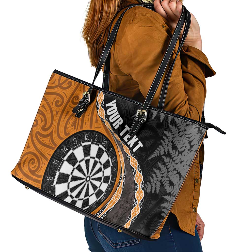 Personalised New Zealand Darts Leather Tote Bag Koru Tribal Tattoo and Silver Fern Maori Pattern Orange Color LT03 - Polynesian Pride