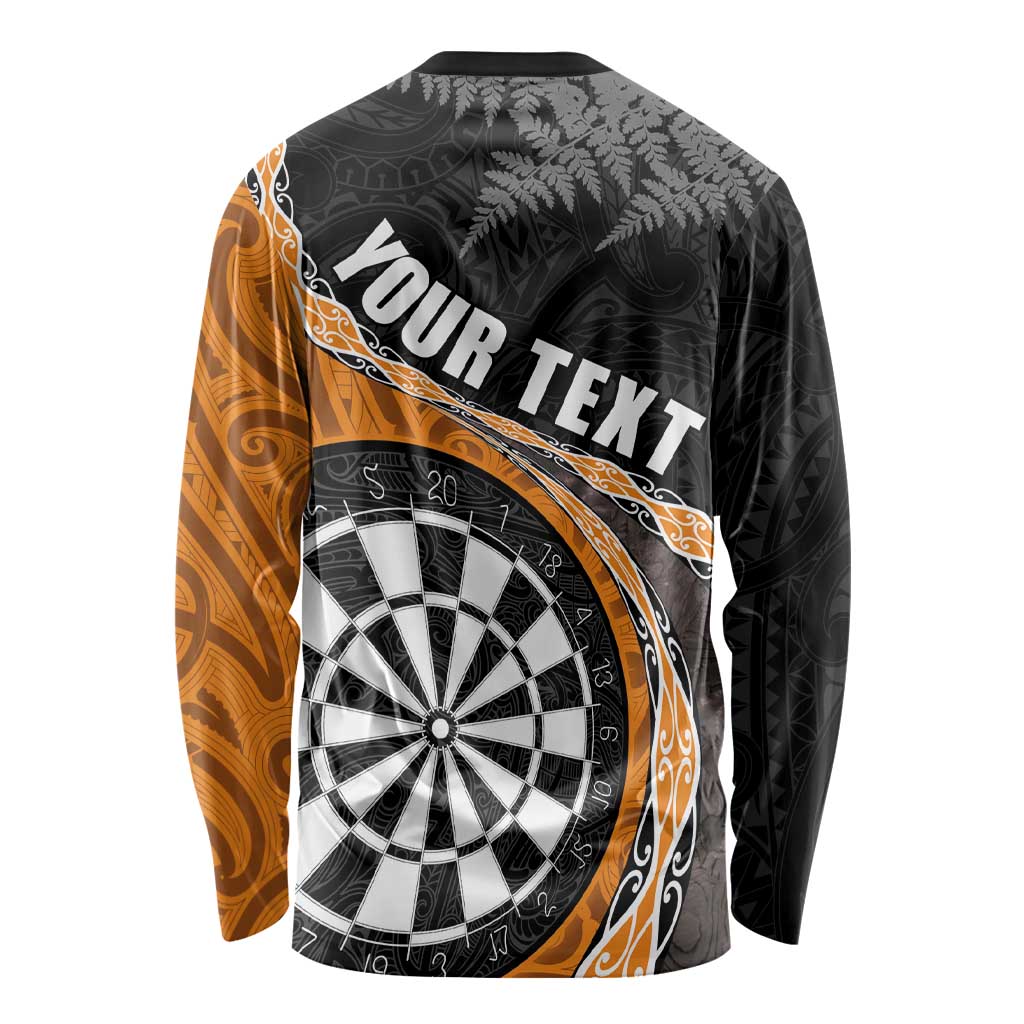 Personalised New Zealand Darts Long Sleeve Shirt Koru Tribal Tattoo and Silver Fern Maori Pattern Orange Color LT03 - Polynesian Pride