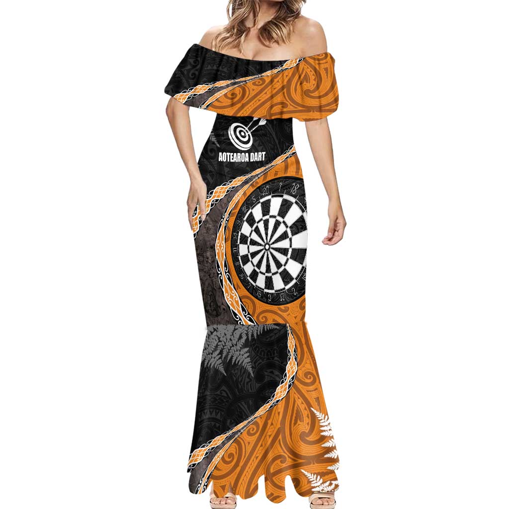 Personalised New Zealand Darts Mermaid Dress Koru Tribal Tattoo and Silver Fern Maori Pattern Orange Color LT03 - Polynesian Pride