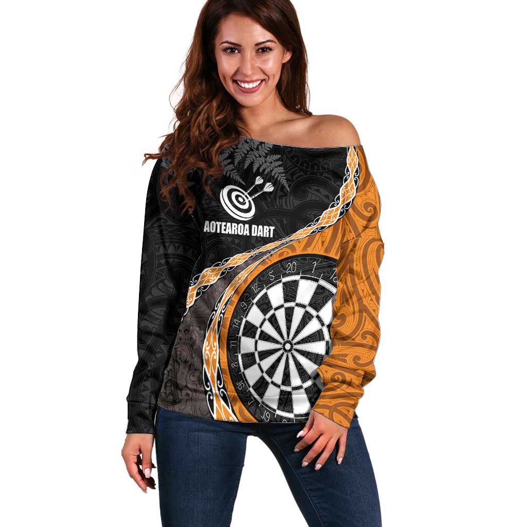 Personalised New Zealand Darts Off Shoulder Sweater Koru Tribal Tattoo and Silver Fern Maori Pattern Orange Color LT03 Women Orange - Polynesian Pride