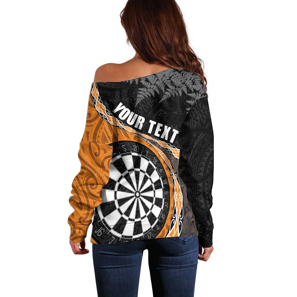 Personalised New Zealand Darts Off Shoulder Sweater Koru Tribal Tattoo and Silver Fern Maori Pattern Orange Color LT03 - Polynesian Pride