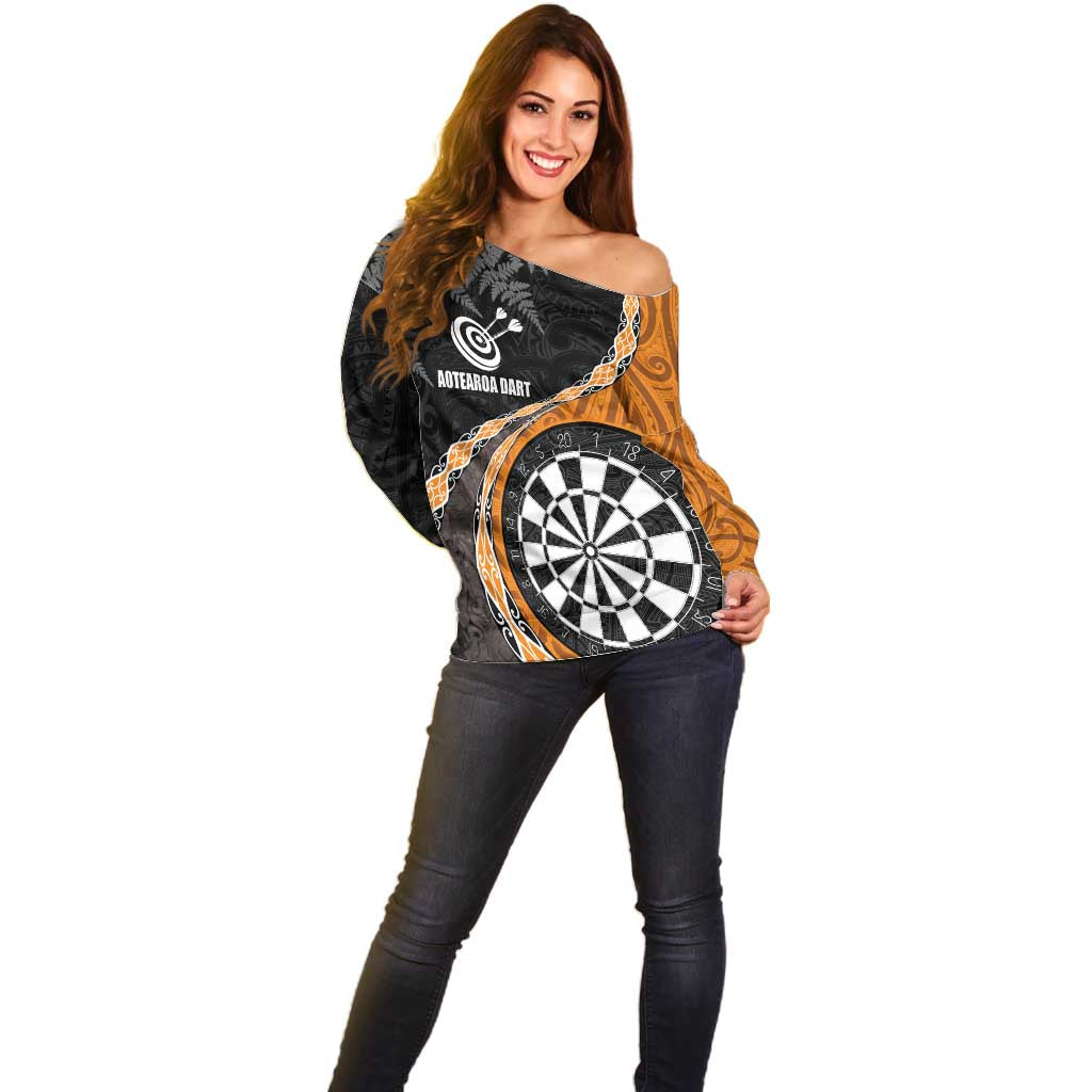 Personalised New Zealand Darts Off Shoulder Sweater Koru Tribal Tattoo and Silver Fern Maori Pattern Orange Color LT03 - Polynesian Pride