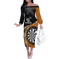 Personalised New Zealand Darts Off The Shoulder Long Sleeve Dress Koru Tribal Tattoo and Silver Fern Maori Pattern Orange Color LT03 Women Orange - Polynesian Pride