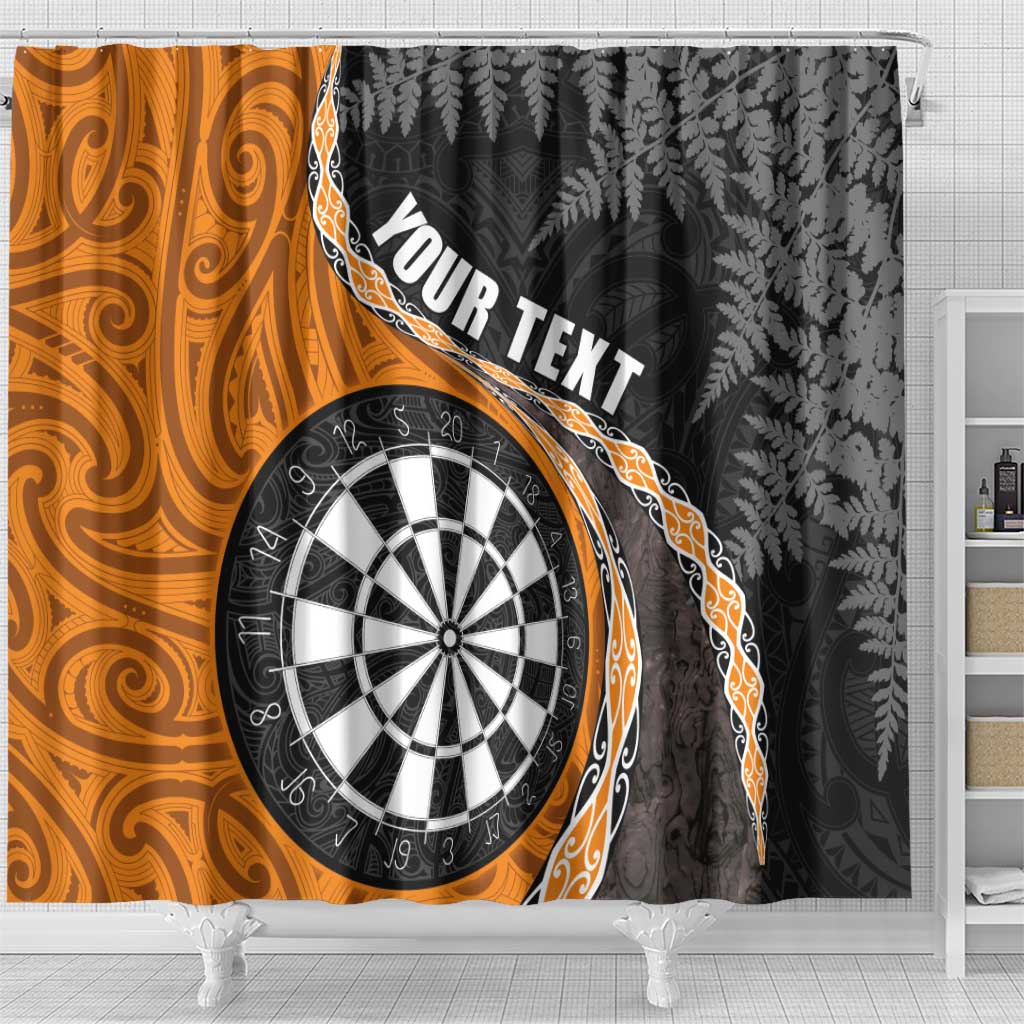 Personalised New Zealand Darts Shower Curtain Koru Tribal Tattoo and Silver Fern Maori Pattern Orange Color LT03 - Polynesian Pride