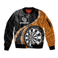 Personalised New Zealand Darts Sleeve Zip Bomber Jacket Koru Tribal Tattoo and Silver Fern Maori Pattern Orange Color LT03 Unisex Orange - Polynesian Pride