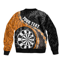 Personalised New Zealand Darts Sleeve Zip Bomber Jacket Koru Tribal Tattoo and Silver Fern Maori Pattern Orange Color LT03 - Polynesian Pride