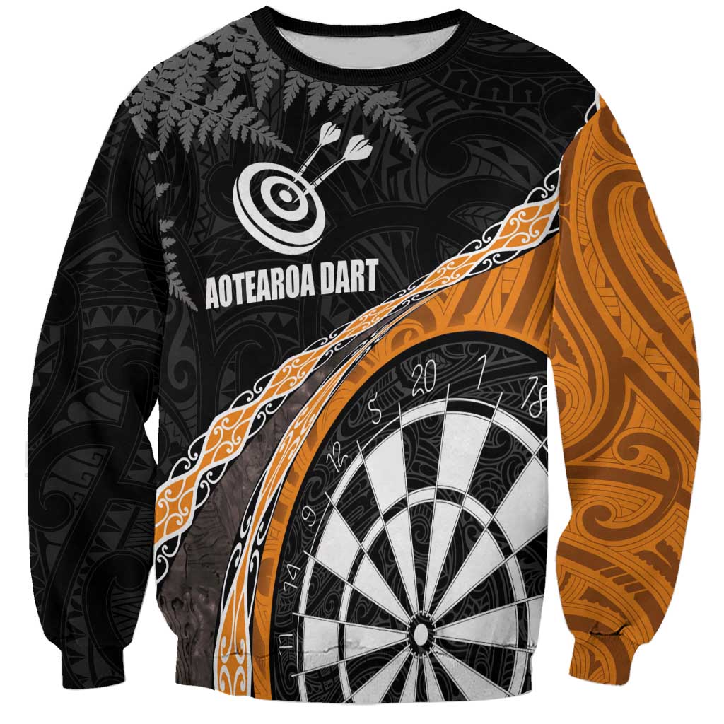 Personalised New Zealand Darts Sweatshirt Koru Tribal Tattoo and Silver Fern Maori Pattern Orange Color LT03 Unisex Orange - Polynesian Pride