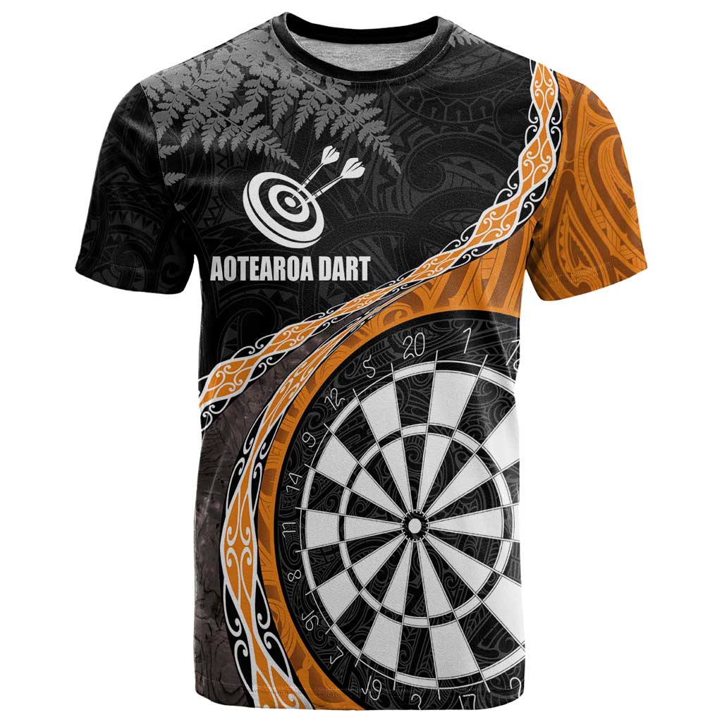 Personalised New Zealand Darts T Shirt Koru Tribal Tattoo and Silver Fern Maori Pattern Orange Color LT03 Orange - Polynesian Pride