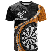Personalised New Zealand Darts T Shirt Koru Tribal Tattoo and Silver Fern Maori Pattern Orange Color LT03 Orange - Polynesian Pride