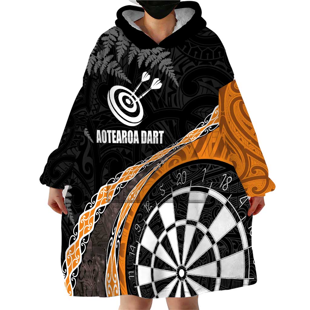 Personalised New Zealand Darts Wearable Blanket Hoodie Koru Tribal Tattoo and Silver Fern Maori Pattern Orange Color LT03 - Polynesian Pride