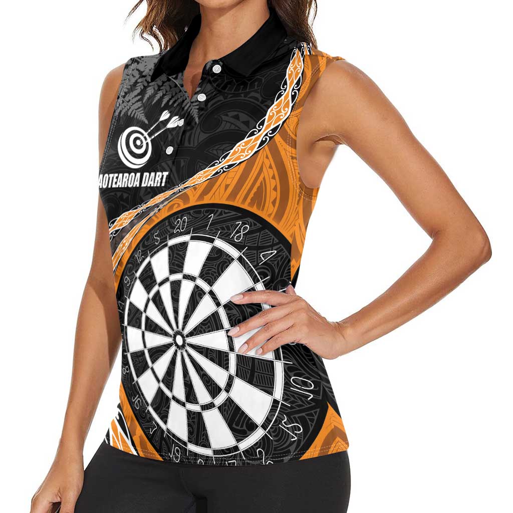 Personalised New Zealand Darts Women Sleeveless Polo Shirt Koru Tribal Tattoo and Silver Fern Maori Pattern Orange Color LT03 - Polynesian Pride