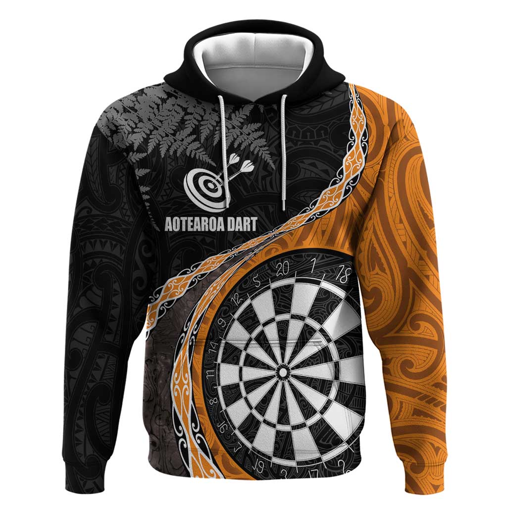 Personalised New Zealand Darts Zip Hoodie Koru Tribal Tattoo and Silver Fern Maori Pattern Orange Color LT03 Pullover Hoodie Orange - Polynesian Pride