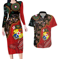 Tonga Ngatu and Australia Together Couples Matching Long Sleeve Bodycon Dress and Hawaiian Shirt Polynesian Humpback Whale and Aboriginal Kangaroo LT03 Red - Polynesian Pride