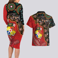 Tonga Ngatu and Australia Together Couples Matching Long Sleeve Bodycon Dress and Hawaiian Shirt Polynesian Humpback Whale and Aboriginal Kangaroo LT03 - Polynesian Pride